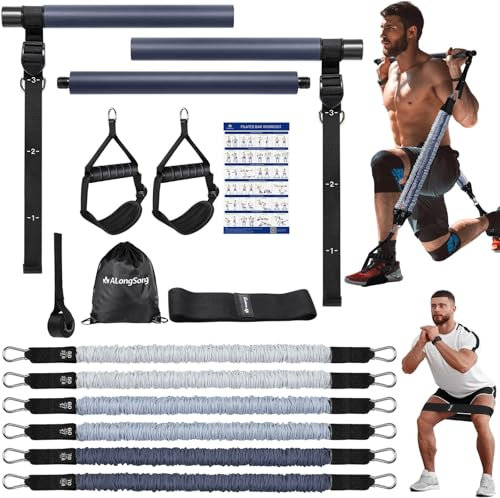 ALongSong Fitnessbänder Pilates Bar Set 6 Widerstandsbänder mit Stange 50-360LBS Titan Force Fitnessgeräte für Zuhause Home Gym Pilates-Stange Verstellbare&Abnehmbare,Griffe,Türanker