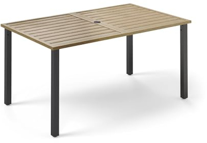 MFSTUDIO 152 x 92 x 73cm Garden Table, Outdoor Dining Table | with Teak Color Table Top, Metal Rustproof Steel Frame, Adjustable Diameter of Umbrella Hole (4-5cm)