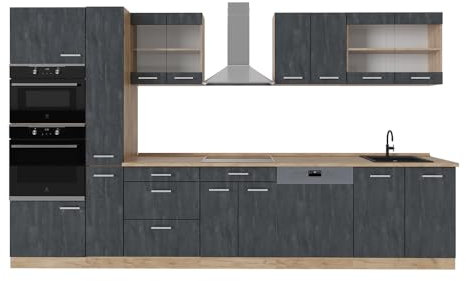 Vicco Küchenzeile R-Line, Schwarz Beton/Goldkraft Eiche, 350 cm ohne Arbeitsplatte