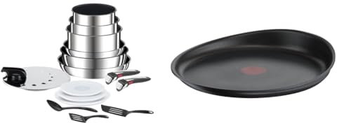 Tefal Ingenio, Batterie de cuisine 15 pièces, Induction, Acier inoxydable, Revêtement antiadhésif & Ingenio Poêle à crêpe 27 cm, Induction, Revêtement antiadhésif, Fonte d'aluminium, Empilable