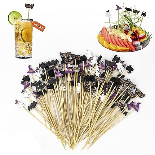 Elepl Palillos de Cocktail 100 Piezas Palillos de Madera para Cocktail Palillos de 12cm Decoraciones De Fiesta de Cócteles Fantasma Murciélago Araña Sombrero Fantasma Placa Pinchos Comida de Dedo