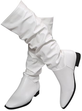 WOFANLULY Stivali alti al ginocchio da donna, alla moda, con tacco basso, senza lacci, punta classica e confortevole, invernali, con increspature, taglia 3,5 - 8 uk, bianco, 38 EU