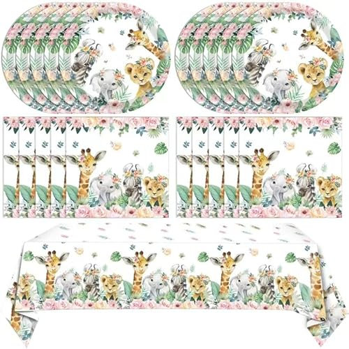41 PCS Party Animals Birthday Decorations Safari Jungle Theme Birthday Party Supplies Jungle Animals Birthday Plates and Napkins Tablecloth for Girls Wild One Two Birthday