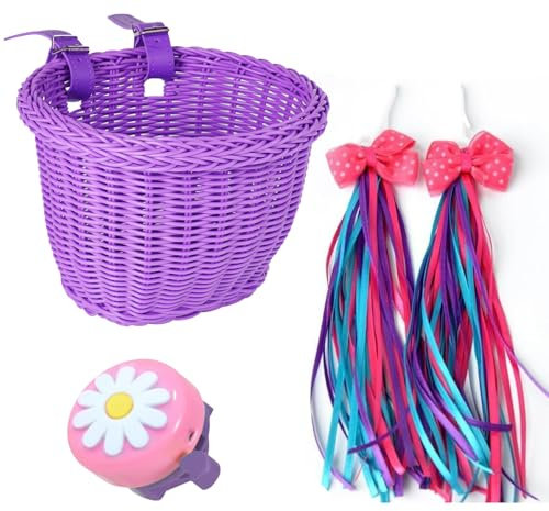 SVNR Kinder-Fahrradkorb-Set, Mädchen-Fahrradkorb, handgewebt, Fahrradkörbe für Kinder, Kinder-Fahrradkorb mit Ersatzlederriemen, Schleife, Luftschlangen und Glocke, einfache Installation, abnehmbar