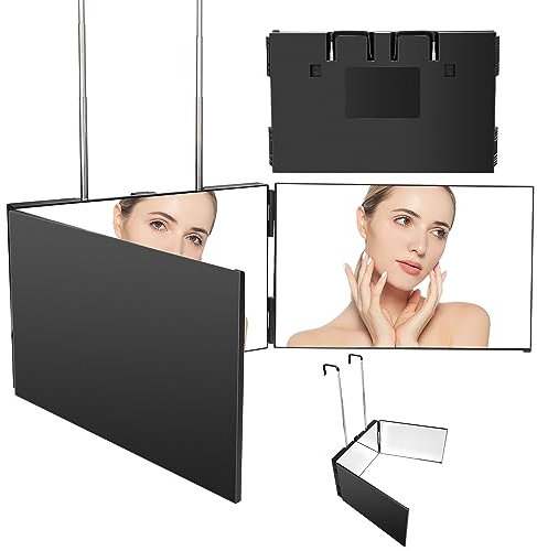 Miroir 360 Degrés Cheveux,Miroir 3 Faces avec Crochets, Pliable et Hauteur Réglable,Miroir pour Couper Les Cheveux Derrière,Portable pour Voyages,pour Coiffure, Rasage, Maquillage