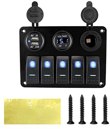 MUEOSI Panneau d'interrupteurs à Bascule à 5 Gangs, for Prise combinée 12-24 V, Double Prise USB, Tension numérique, véhicules Marins, Camping-Cars, camions Tableau électrique(Blue)