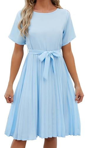 A Linien Kleid Damen Kurz Plisseekleid Knielang Minikleid Langarm Kleider Freizeitkleider mit Gürtel Swing Rock Festkleider Partykleid Lässig Rundhals Elegant Wickelkleid Einfarbig