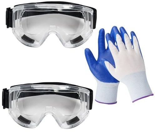 HAPPOW 2Pcs Anti-Fog Safety Goggles,Anti-Scratch Safety Glasses with 2 Blue Rubber Gloves, Indirect Ventilated Safety Goggles,Perfect for Work,DIY,Sanding,Lab,Woodworking, Men & Women