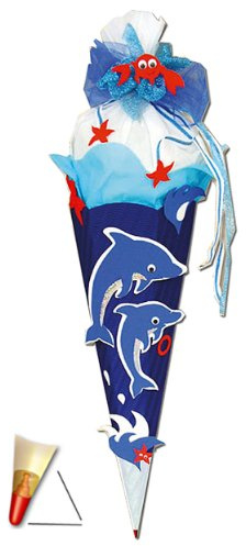 BASTELSET Schultüte - Delfin Fisch 85 cm - mit Holzspitze - Zuckertüte Roth - ALLE Größen - 6 eckig Mädchen Jungen Fische Delfine Unterwasser blau
