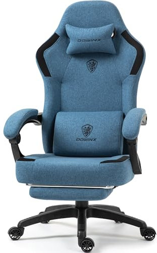 Dowinx Fabric Gaming Chair with Pocket Spring Cushion,Breathable Computer Chair with Massage Lumbar Support and Footrest,High Back Game Office Chair for Adult,Blue