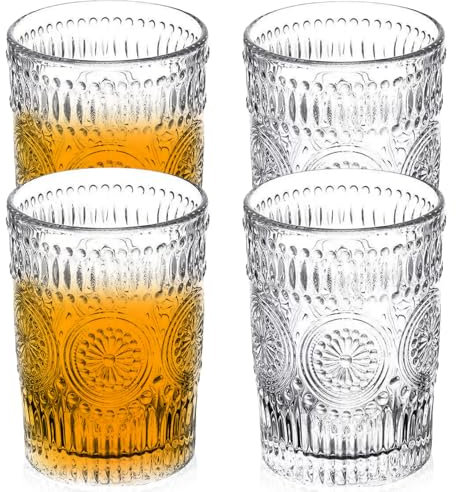 4er Set Trinkgläser, 380ml Vintage Gläser Wasser, Transparent Wassergläser für Wasser Getränk Cocktail Tee Saft Limo, Tumbler Gläser spülmaschinenfest für Zuhause Büro Bar