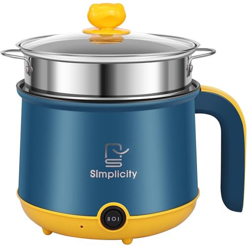 Foppla Electric Hot Pot,1.8L Mini Electric Cooking Pot with Steam Rack and Handle,2 Gear Non-Stick Skillet Cooker,Dry Protection,Heating Boil Rapid Ramen Noodles Cooker (Blue Double Layer)