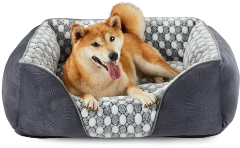 Heymamba Mittelgroßes Hundebett, maschinenwaschbar, Hundebetten gefüllt mit hohem Rückprall, dreidimensionale Baumwolle, Hundebett, Mittelgrau mit 20 cm hoher Seite für Dackel, 66x55x21cm
