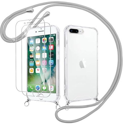 Votvloay Coque Cordon pour iPhone 7 Plus/8 Plus 5,5 avec 2 Pièces Verre Trempé, Transparent Étui Réglable Laniere Collier Corde Case, Souple Silicone TPU + PC Housse Antichoc Bumper Cover, Gris
