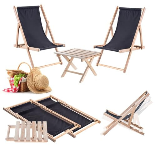 KADAX Klapptisch mit 2 Liegestühlen, Kleiner Gartentisch aus Holz, Beistelltisch für Balkon und Garten, Kaffeetisch klein, Balkontisch klappbar (Schwarz)