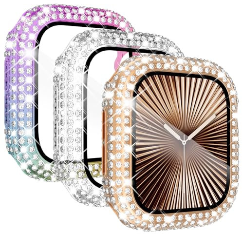 KADES 3Pack watch case Compatible with Apple Watch Screen Protector 46mm Series 11 10,Women Crystal Diamond Tempered Glass Protective Case for iWatch Series 11 10 46mm, Rose Gold/Iridescent/Clear