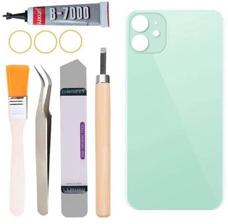 Yuntunele Cubiertas traseras de cristal de repuesto para iPhone 12 todos los operadores con juego de herramientas profesionales (verde)