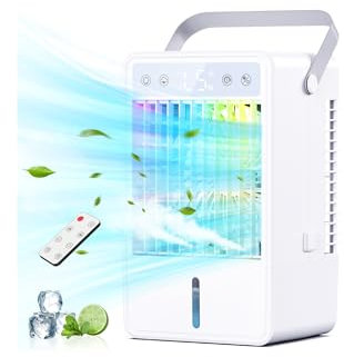 Aire Acondicionado Portatil Ultra-Silencioso, Mini Enfriador de Aire USB con Control Remoto - 5 Velocidades Ajustables & 3 Modos, Temporizador 2-10H, LED RGB 7 Colores, Enfriamiento Rápido con Tanque
