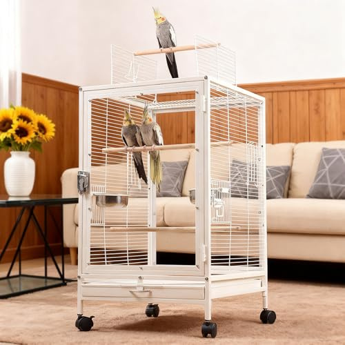 xixi-home Vogelkäfig Vogelkäfig mit offenem Dach 46 * 46 * 77cm | Papagei Vogelkäfig abnehmbare Palette mit Standbar und Nahrungsmittelbox, mit Rädern abnehmbar,Weiß-C