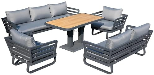 Aluminium Garden Furniture Set 7 Seater Grey Outdoor Patio Sofa Set - Corner Sofa, Armchairs, Rising Dining Table with Wood Finish Ceramic Glass Top,Thick Cushions for Lounge Conservatory Balcony Use