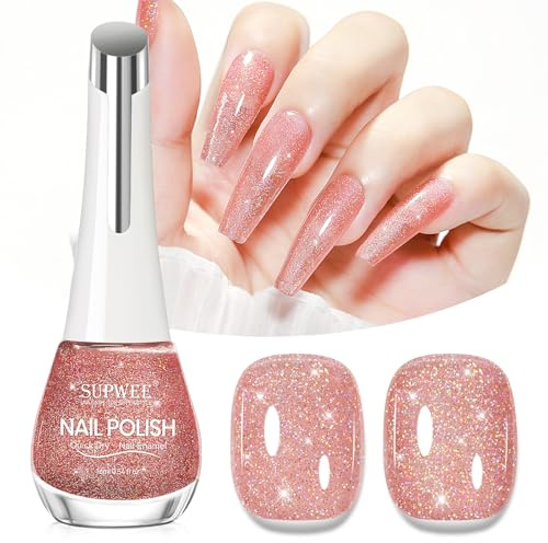 SUPWEE Glitzer Nagellack 16ML, Langlebig Shining Schnelltrocknend Nagellack Ohne UV Lampe Oil Based Glänzend Champagner Nail Polish Glitter für DIY Nail Art Maniküre Champagnerfarbe