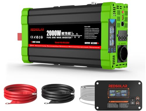 REDSOLAR Inversor 2000W Onda Pura Convertidor DC 12V a AC 220V 230V con Pantalla LCD, Puerto USB, Toma EU, Panel Remoto con Cable de 7 Metros, Pico 4000W – Ideal para Caravanas, RV y Uso Off-Grid