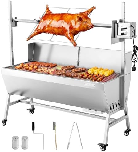 VEVOR Asador Giratorio 1218 mm 4 Niveles de Altura, Motor de 38 W, Asador de Cerdo y Cordero, Capacidad de Carga de 60 kg, de Acero Inoxidable, Rotación Suave de 360° para Fiestas, Barbacoas, Camping