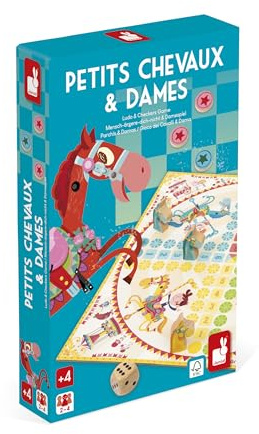Janod – Spiel „Jeu des Petits Chevaux“ + Dame-Spiel – 2 Spiele in 1 – Klassische Spiele Geburtstagsfeiern – Ab 4 Jahren