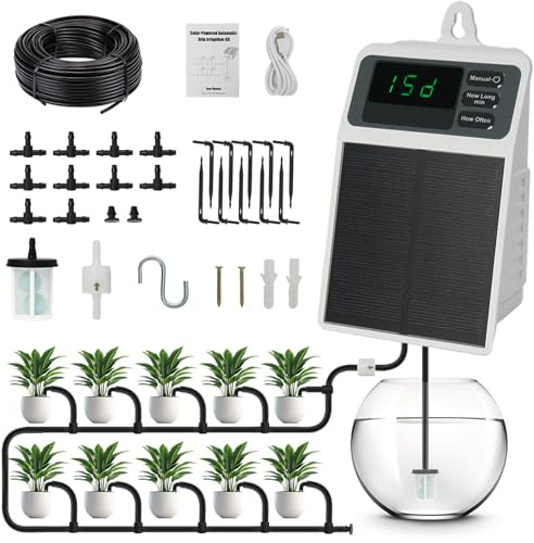 Sistema de Riego por Goteo Automático Solar, Riego DIY Programable hasta 15 Días con Pantalla Digital Impermeable, Kit de Riego para 10 Plantas en Maceta, Interior, Balcón, Terrazay Exterior