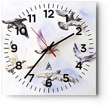 Modern Wanduhr Vögel Aquarell Wildheit Fliegen 40x40cm Quadrat Groß Wand Uhr Glas Analog Zimmeruhren Küche Büro Wohnzimmer Glasuhr Wall Clock Dekoration Design Wanddekoration Küchenuhr C4AC40x40-3066