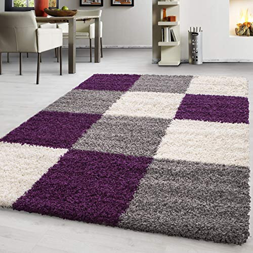 Hochflor Teppich Wohnzimmer Kariertes Design Schlafzimmer Esszimmer Flur Teppich Küchenteppich Weich & Flauschig Langflor Pflegeleicht Läufer Teppich in Farbe: Violett, Grösse: 60 x 110 cm