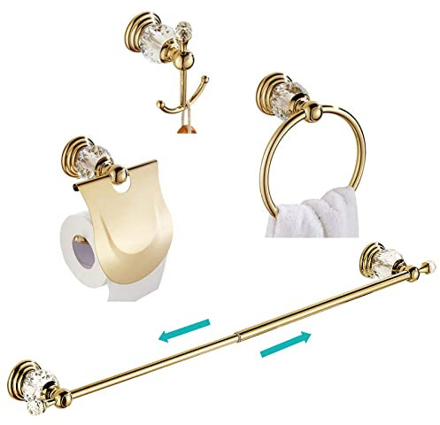 WOMAO Badezimmer Set Zubehör Gold 4er Set Wandmontage Bohren Handtuchhalter Duschwand Deko mit Kristall Handtuchhaken Klopapierhalter
