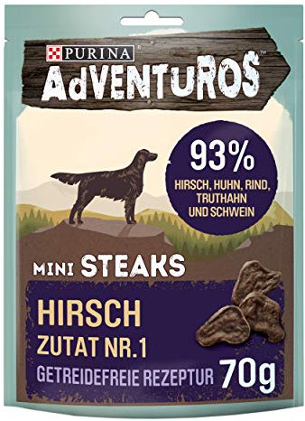 PURINA Adventuros Hundeleckerlis Mini Steaks mit Hirsch Beutel, 7er Pack (7 x 70 g)