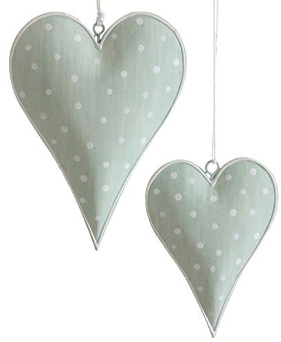 Metallherzen Herzen zum Aufhängen - Herzanhänger aus Metall - Dekoherzen - Dekoration - Vintage - Shabby Chic - 1 VE = 2 Stück - ca.7.5 x 10 cm - Grün mit weißen Punkten - AD68372