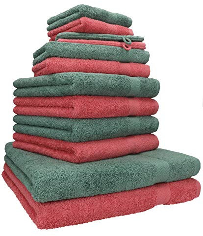 Betz 12-TLG. Handtuch Set Premium 100% Baumwolle 2 Duschtücher 4 Handtücher 2 Gästetücher 2 Seiftücher 2 Waschhandschuhe Himbeere/tannengrün
