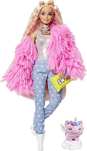 Barbie Extra, Barbie Puppe mit extra langen Haaren, inkl. Barbie Kleidung wie flauschiger Mantel und Barbie Zubehör wie Einhorn Schweinchen, Spielzeug ab 3 Jahre, GRN28