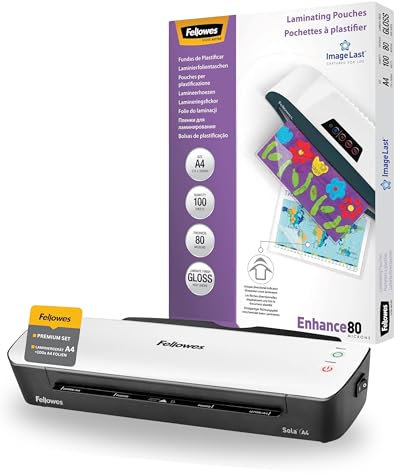 Fellowes Laminiergerät A4 Sola und Laminierfolien A4 Bundle für Zuhause und Homeoffice, bis 125 Mikron Stärke, staufrei, Laminiergerät zum Laminieren von Fotos, Dokumenten, Speisekarten, Rezepten uvm