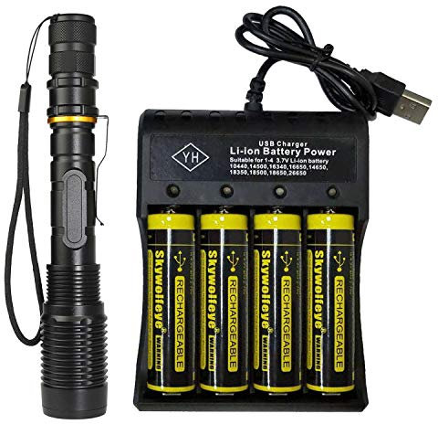 VISVIC Bright Flashlight, 4-Slot Universal Battery Charger with Four 18650 Batteries, fit for 3.7V Lithium Ion Batteries 18650 18500 17650 16340 14500 25500 22700 21700 Rechargeable Batteries
