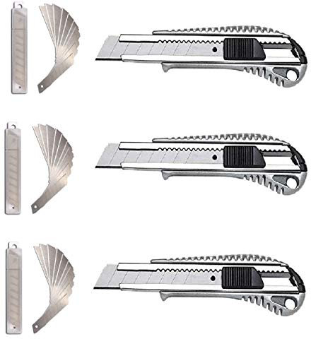 3 Stück Alu Druckguss Cuttermesser plus 30 Ersatzklingen, Kartonmesser, Teppichmesser, Paketmesser, Cutter Abbrechklinge Allzweckmesser Universalmesser mit 18 mm Abbrechklinge