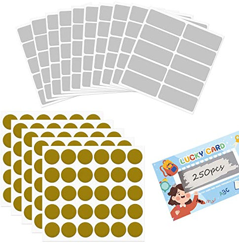 150 Stück Goldene Runde Rubbel-Etiketten mit 100 grauen rechteckigen Etiketten für Scrapbooking, Postkarte, Überraschungsgeschenk