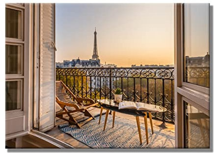 Leinwandbild Window View Paris | Fensterblick | 50 x 70 cm Querformat | Bild auf Leinwand | Paris Frankreich Aussicht Ausblick Eiffelturm | Deko | modern | Wohnzimmer Schlafzimmer Büro Home Büro