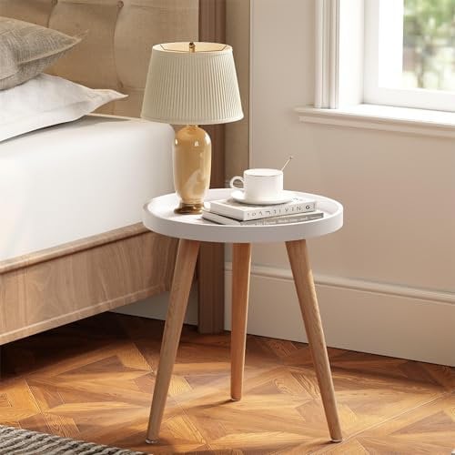APICIZON Beistelltisch Rund, Kleiner Tisch, 38 x 45cm, Wohnzimmertisch, Blumenhocker mit Beinen aus Massivholz, Skandinavische Stil, Klein Couchtisch Holz für Schlafzimmer, Balkon, Weiß/Natur