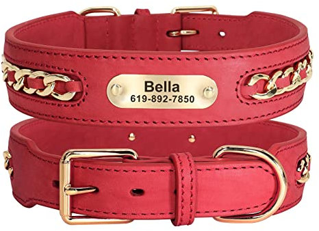 Didog Hundehalsband aus echtem Leder, geflochtenes Leder, personalisiert mit graviertem breitem Namensschild, verstellbare und langlebige Hundehalsbänder für kleine, mittelgroße Hunde, rot, M
