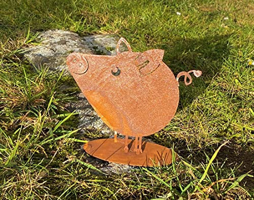 Edelrost Mini Schweinchen Rosa auf Bodenplatte - Höhe 14 cm