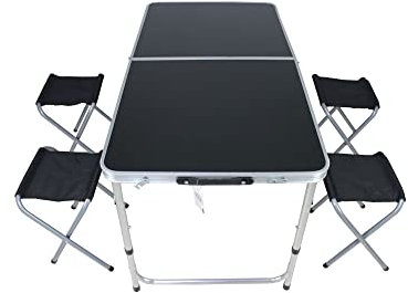 Mojawo 5tlg. Campingmöbel Set schwarz Aluminium Outdoor Camping L120xB60xH70cm Campingtisch höhenverstellbar mit Tragegriff + 4 Klapphocker