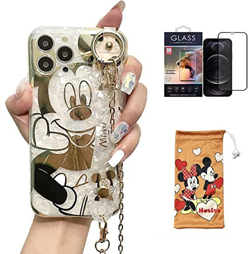 Hosiss Cartoon Case for iPhone 13 Pro 6.1 with HD Screen Protector, Mickey Mouse with Wrist Strap Kickstand Metal Chain Strap Soft TPU Shockproof Protective for Girls Women