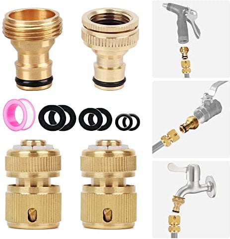 4 pack Garden Hose Tap Connector Set, Brass Outside Tap Hose Nozzle Quick Connect Set - 3/4&1/2'' 2 in 1 Female Threaded Tap Adapter, 3/4'' Male Threaded Adapter for Spray Gun, Hose Pipe End Connector