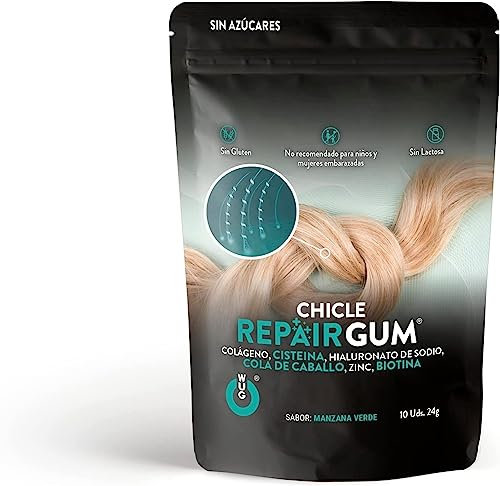 WUGUM - Chicle Repair - Chicle Funcional para el cuidado capilar - Repara y da volumen y vitalidad - Frena la caída del cabello - Sabor a Manzana Verde - Max 3 chicles al día - Contiene 10 chicles