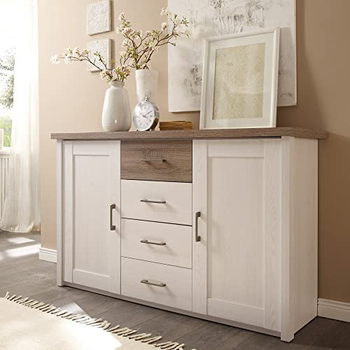 Lomadox Sideboard im Landhausstil LUND-78 in Pinie weiß Nb./Trüffel Eiche Nb., B/H/T: ca. 150/90/42 cm