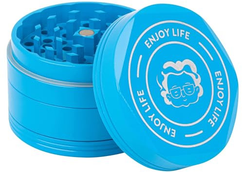 Granny‘s Premium Kräutermühle Keramik beschichtet | messerscharfes Mahlwerk | ∅ 63 mm | 4-teilig | inkl. schieber | Keramik Kräutermühle verschiedene Designs (Hellblau)